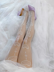 Custom Pearly Heart tights (White) Fishnet Stockings Pantyhose | Vintage Pearl Tights | Wedding Pantyhose | Bridal Heart Tights