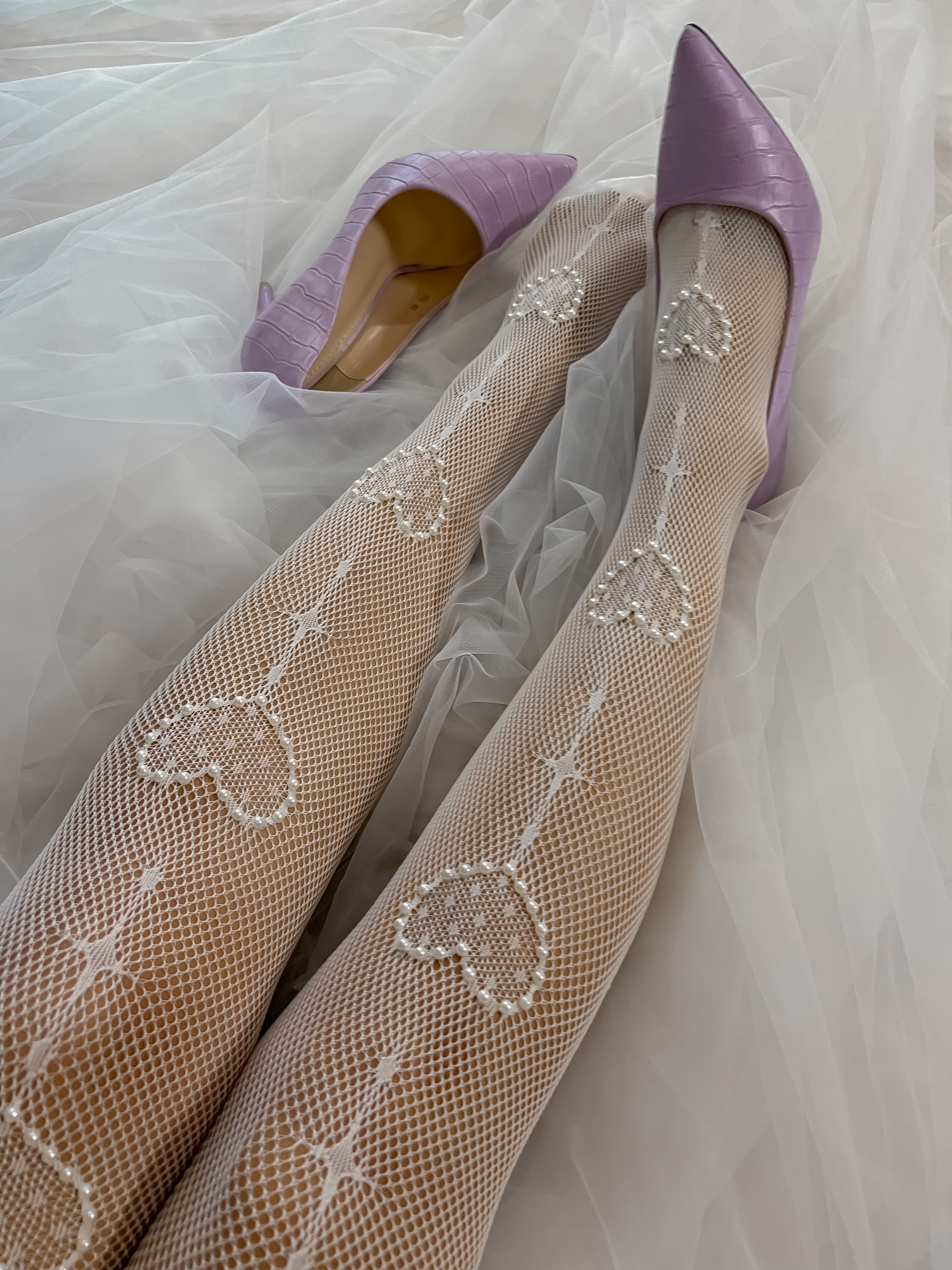 Custom Pearly Heart tights (White) Fishnet Stockings Pantyhose | Vintage Pearl Tights | Wedding Pantyhose | Bridal Heart Tights