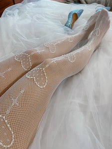 Custom Pearly Heart tights (White) Fishnet Stockings Pantyhose | Vintage Pearl Tights | Wedding Pantyhose | Bridal Heart Tights