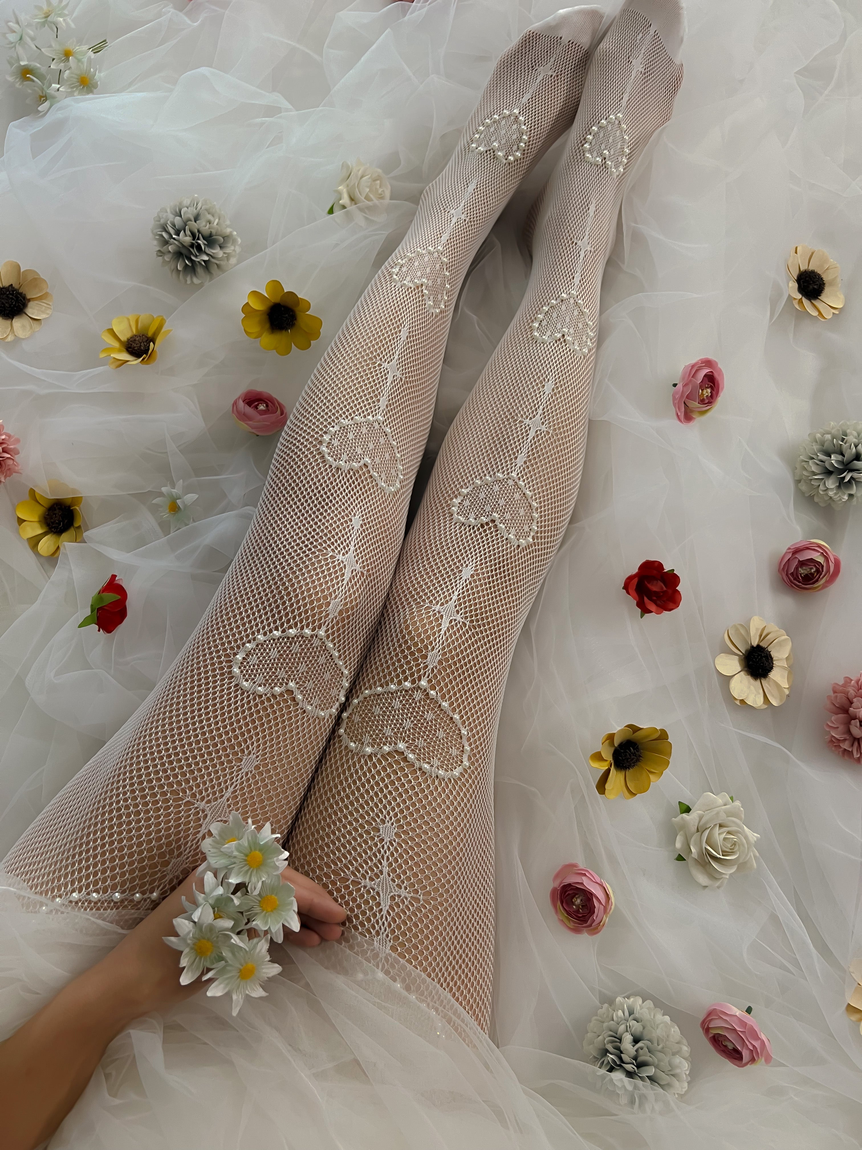 Custom Pearly Heart tights (White) Fishnet Stockings Pantyhose | Vintage Pearl Tights | Wedding Pantyhose | Bridal Heart Tights