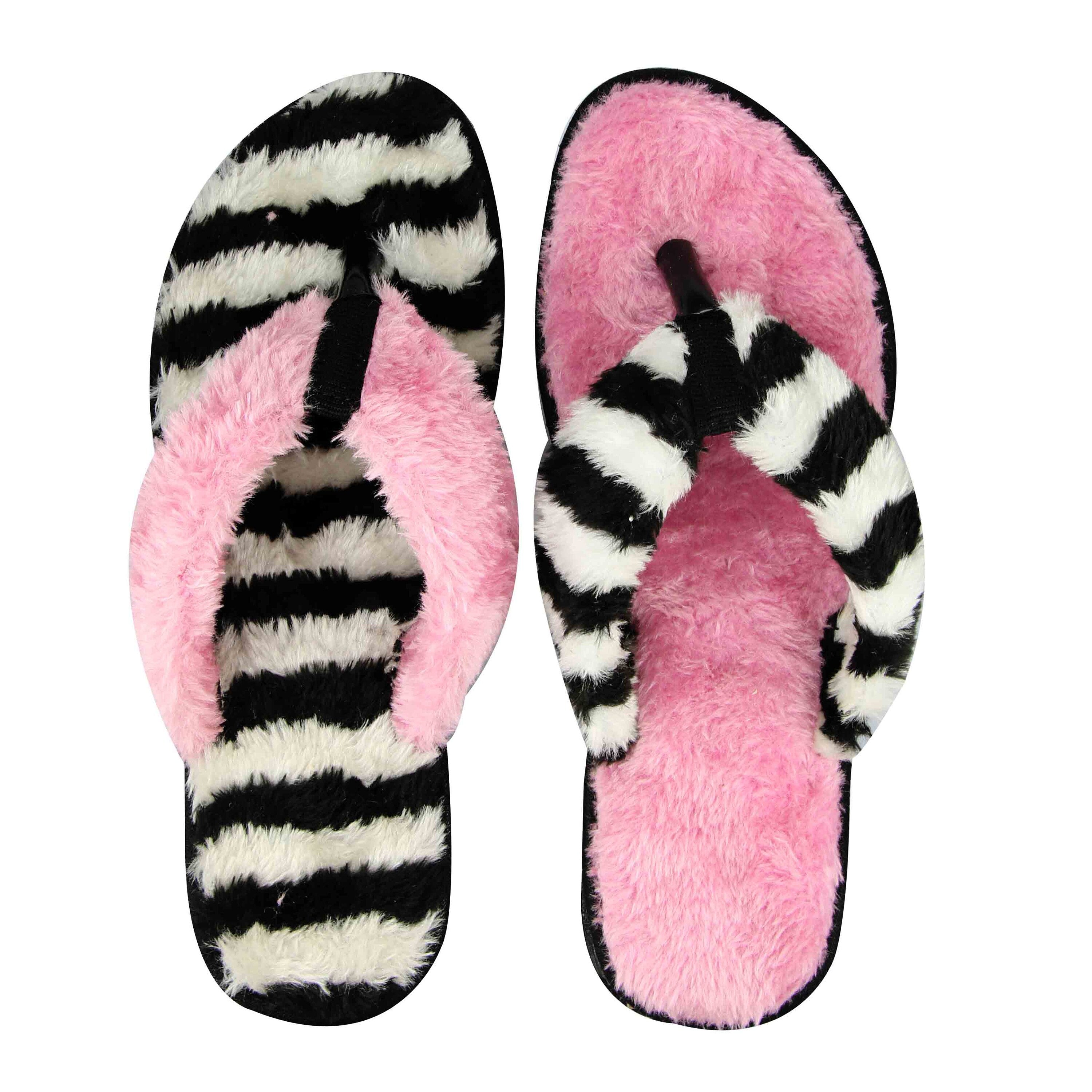 Miss-Striped Women's Cute (faux fur) Pink Flip Flops