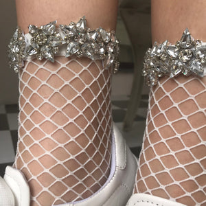 Jewel Encrusted White Fishnet Socks Crystal Socks Bejeweled