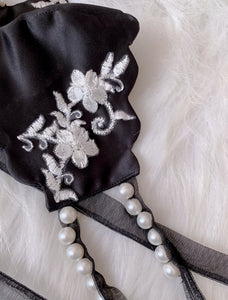 Black Silk Embroidered Mask With Pearl Embellished Tie up Straps