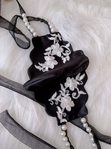 Black Silk Embroidered Mask With Pearl Embellished Tie up Straps