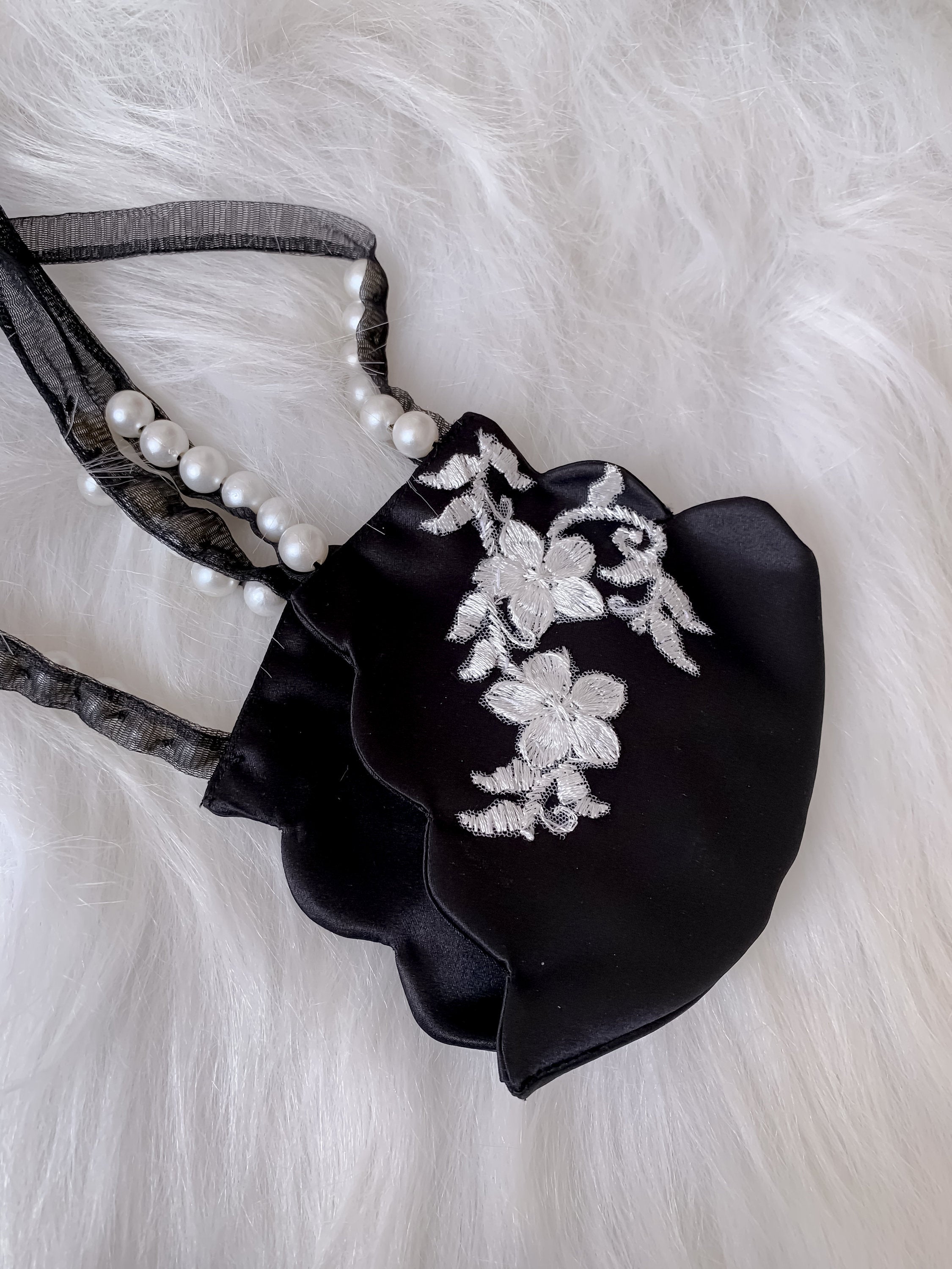 Black Silk Embroidered Mask With Pearl Embellished Tie up Straps