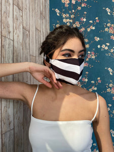 Striped Out Monochrome Cotton Lined 3 Ply Mask With Tie Ups